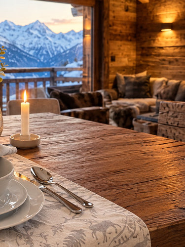 Gedeckter Chalet-Tisch mit Tischläufer, Serviette und Serviettenring Alpenchic Steinbock, daneben Bank mit zwei Kissen im gleichen Steinbock-Muster