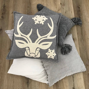 Kissenhülle Hirsch Schneeflöckchen - geflockte Stickerei offwhite - 49.5 x 49.5 cm
