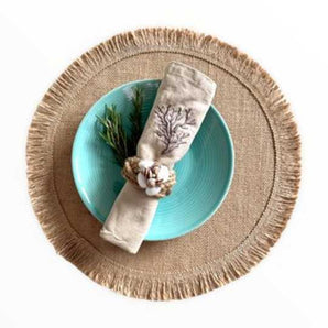 Tischset Rund Jute natur - Mandala Druck schwarz - Ø 38 cm