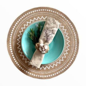 Tischset Rund Jute natur - Mandala Druck weiss - Ø 38 cm