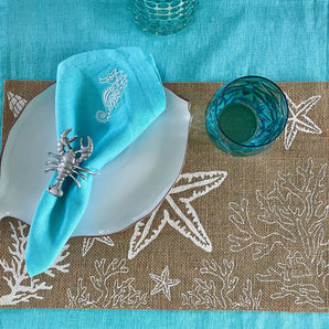Serviette türkis Seepferdchen - Stickerei weiss – 45 x 45 cm