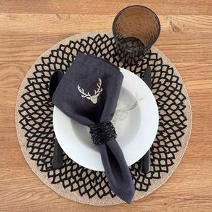 Tischset Rund Jute natur - floraler Druck schwarz - Ø 38 cm