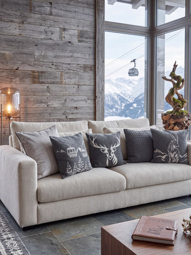 Wohnzimmer mit Alpen-Chalet Kissenhüllen Kollektion
